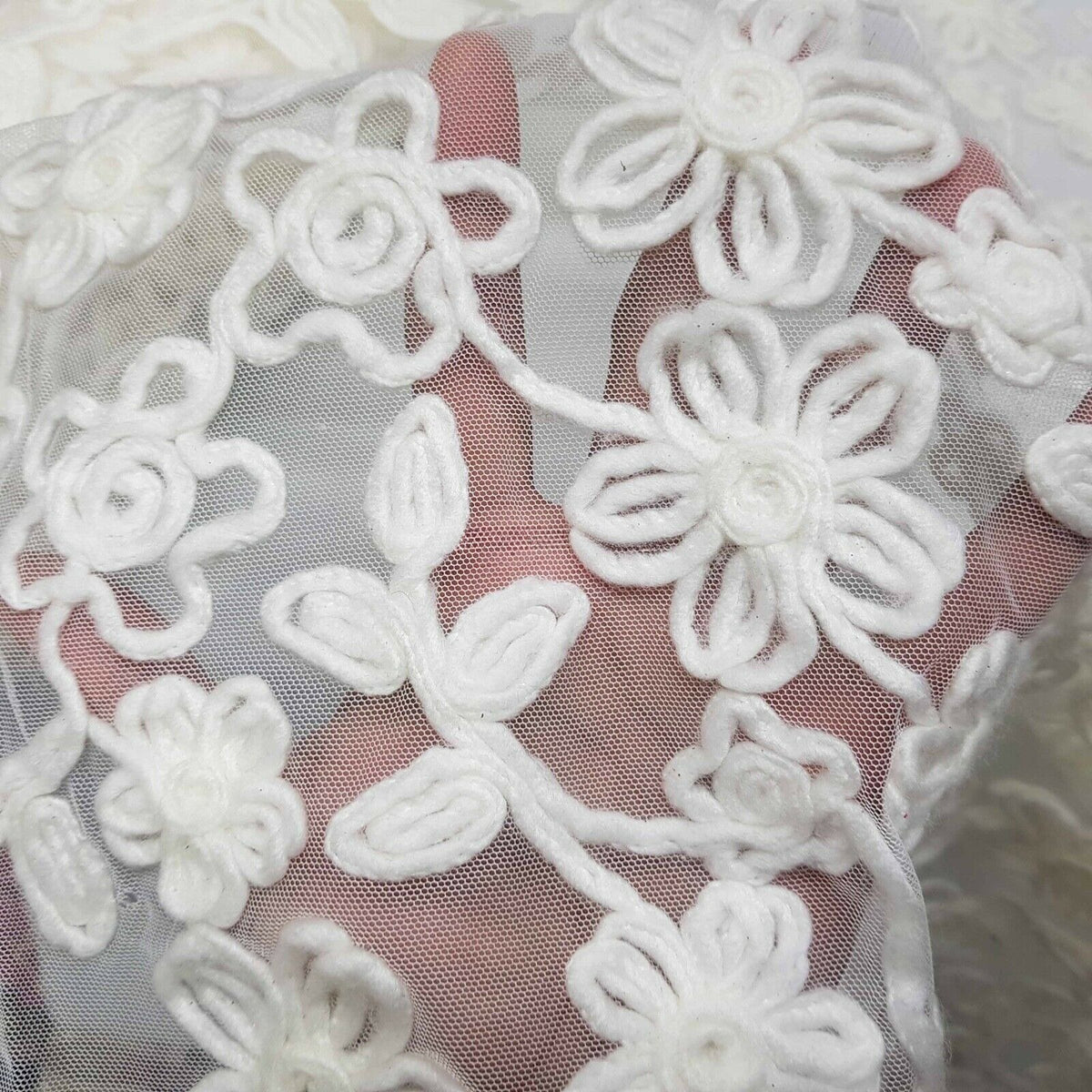Cream Ribbon Flower French Lace Floral Fabric Net Material Wedding Bridal Dress - Bull Ring Fabrics