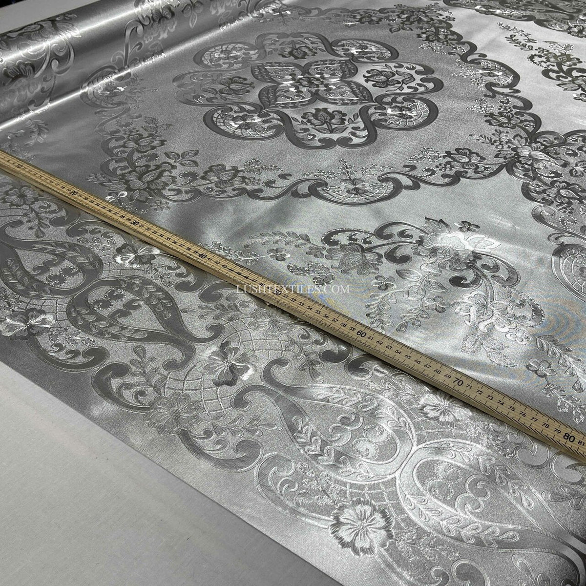 Damask PVC Oilcloth Fabric Embossed Metallic, Silver - Bull Ring Fabrics