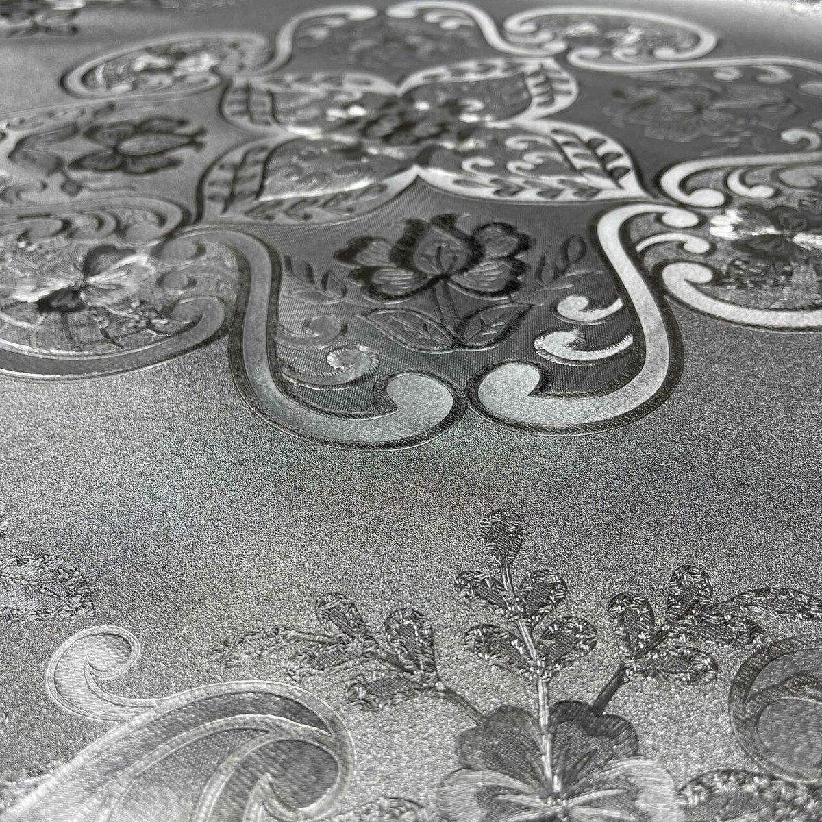 Damask PVC Oilcloth Fabric Embossed Metallic, Silver - Bull Ring Fabrics