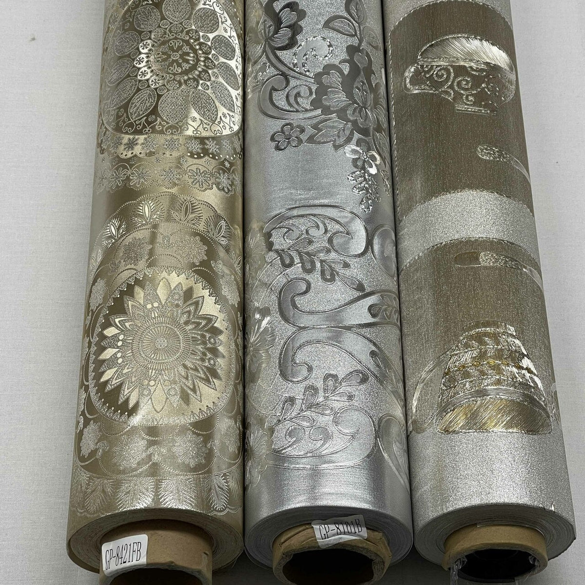 Damask PVC Oilcloth Fabric Embossed Metallic, Silver - Bull Ring Fabrics