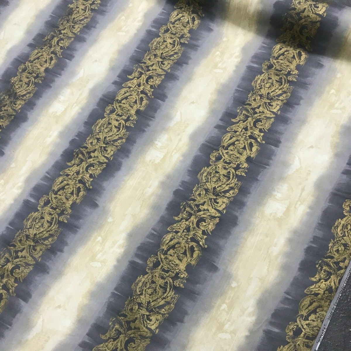 Damask Sonata Striped Vintage Cotton Fabric, Cream/Grey - Bull Ring Fabrics