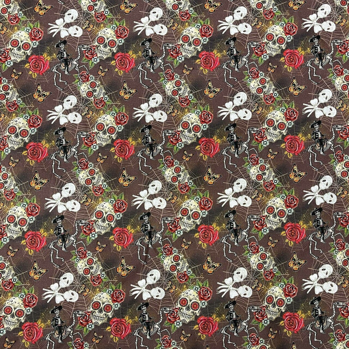 Day Of The Dead Digital Cotton Craft Fabric, Brown - Bull Ring Fabrics