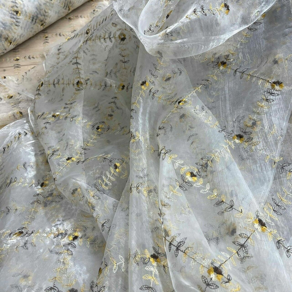 Diamonds Embroidery Organza Voile Draping Fabric 60", Ivory - Bull Ring Fabrics