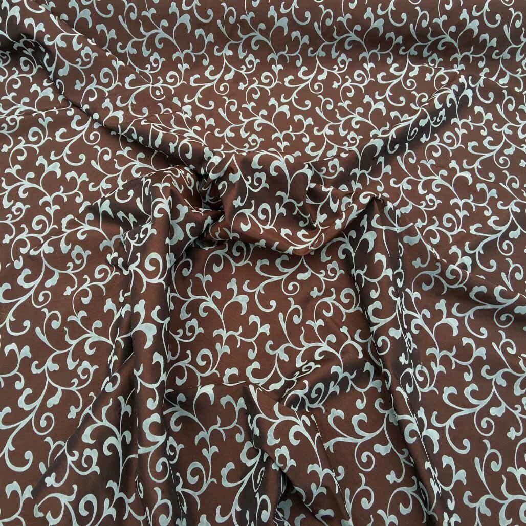 Duck Egg Floral Velvet Flock Taffeta Fabric, Brown - Bull Ring Fabrics
