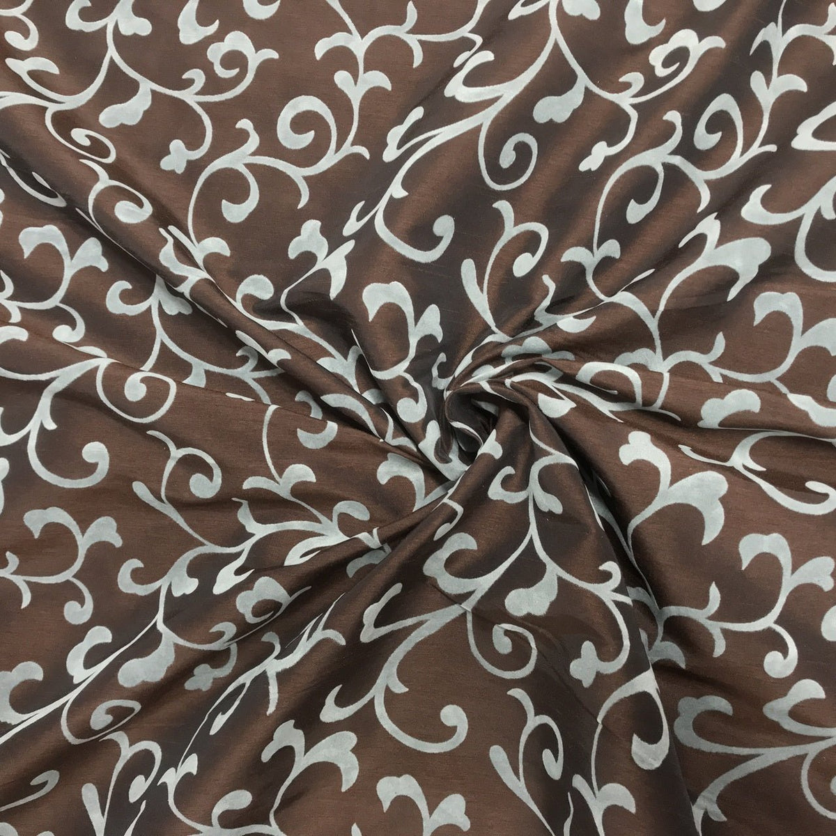 Duck Egg Floral Velvet Flock Taffeta Fabric, Brown - Bull Ring Fabrics