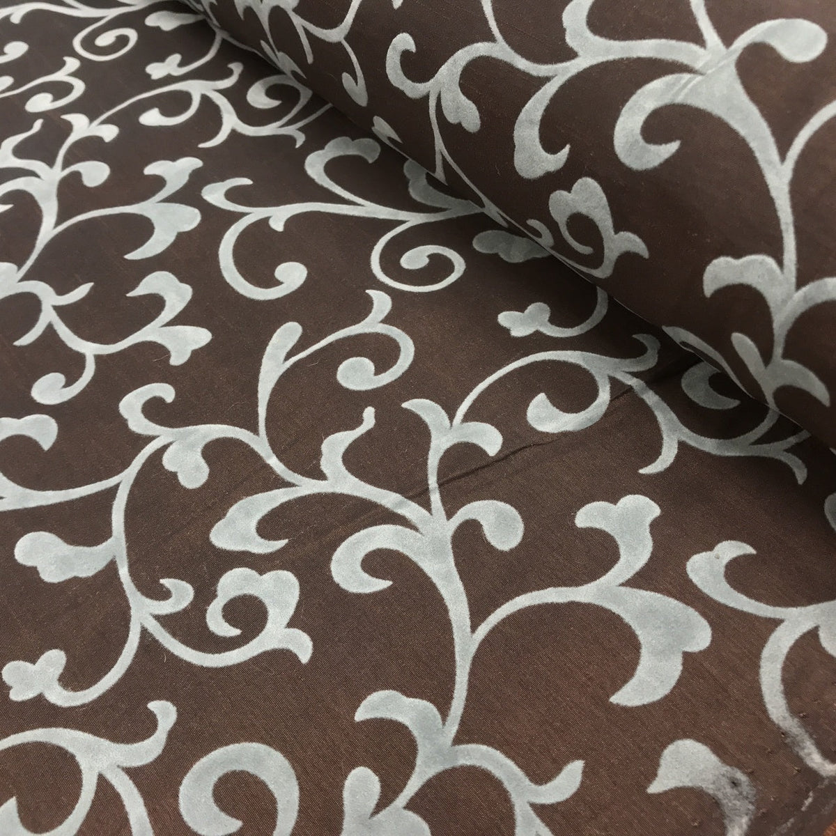 Duck Egg Floral Velvet Flock Taffeta Fabric, Brown - Bull Ring Fabrics
