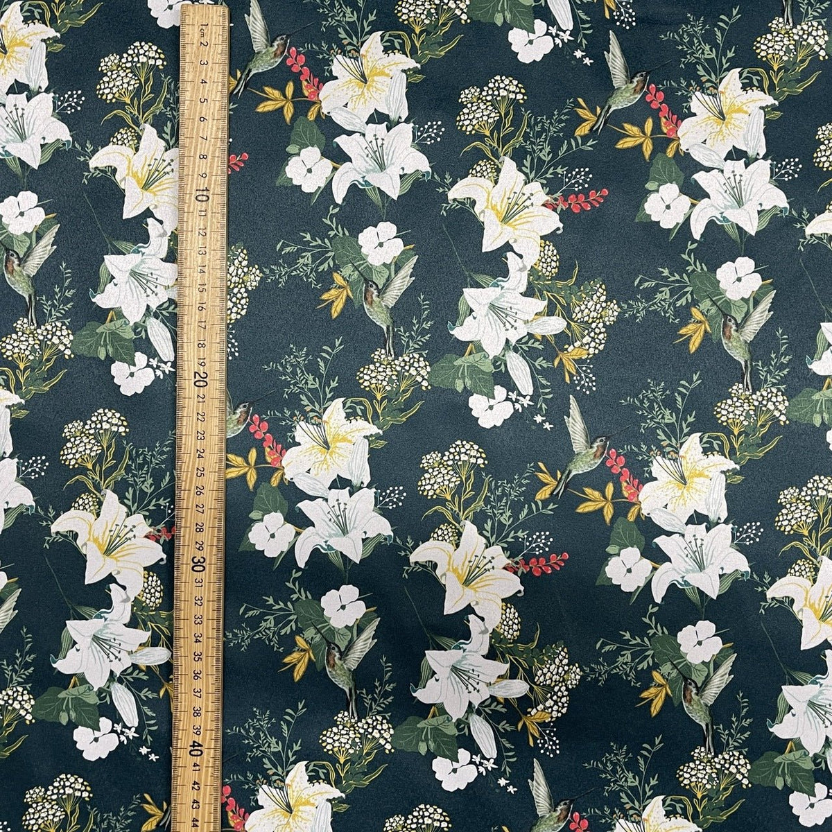 Floral Bird Print Satin Brocade Furnishing Fabric, Bottle - Bull Ring Fabrics