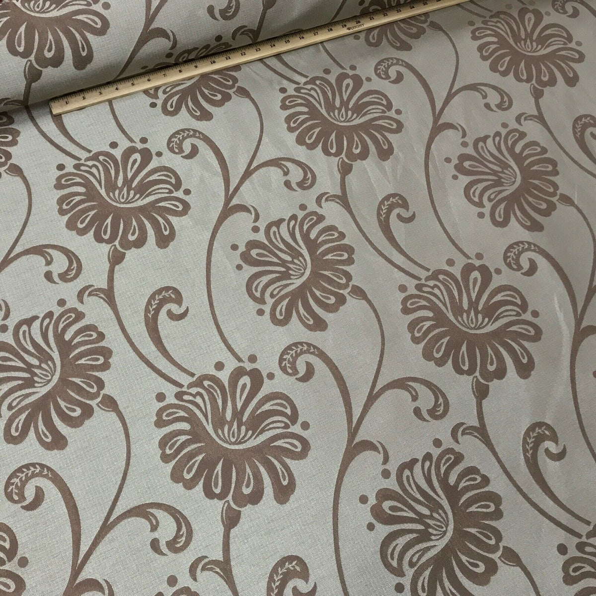 Floral Flowers Curtain Brocade Fabric 140cm, Brown - Bull Ring Fabrics