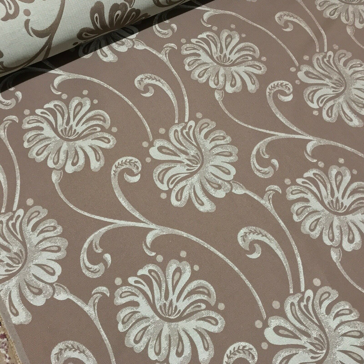 Floral Flowers Curtain Brocade Fabric 140cm, Brown - Bull Ring Fabrics