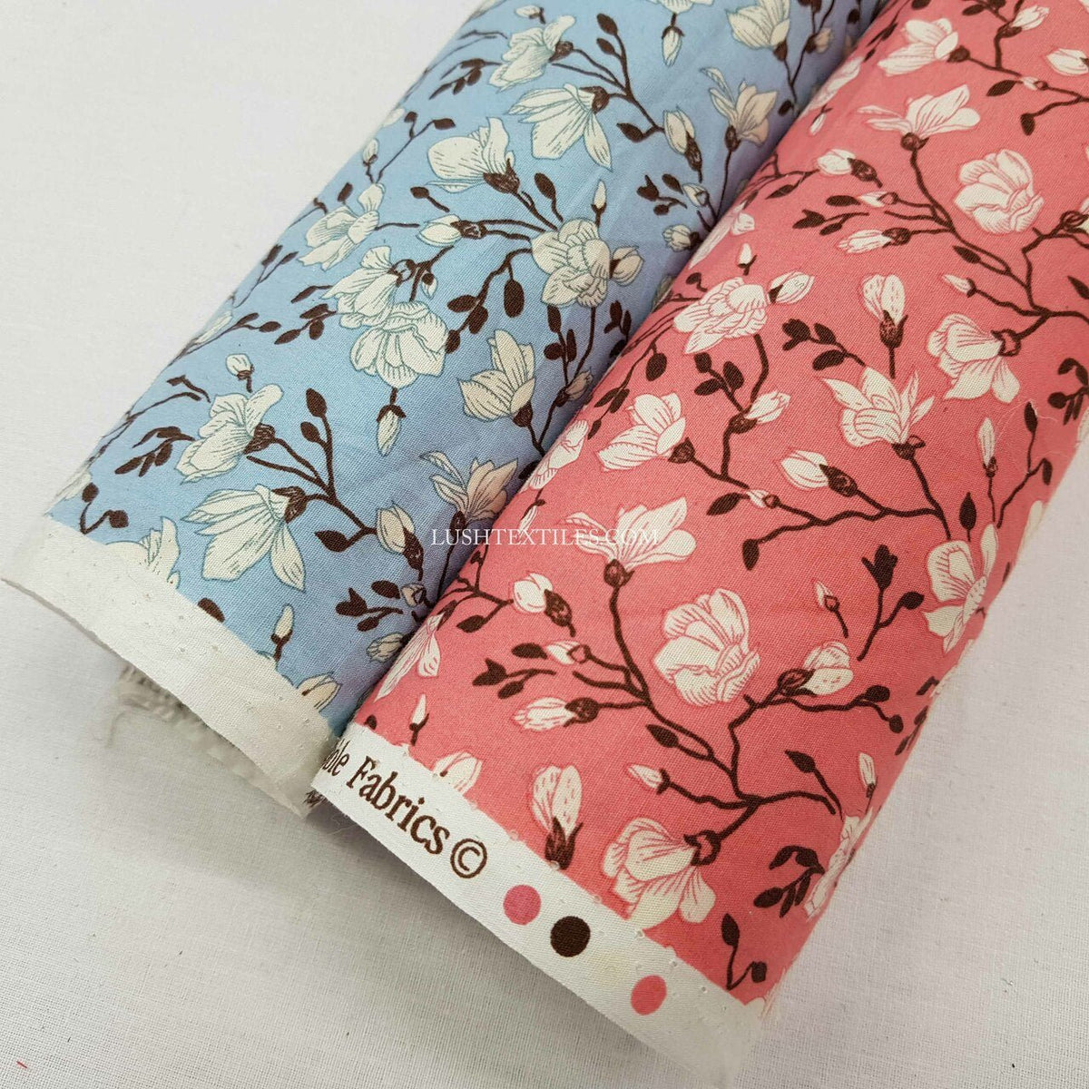 Flowers On Twigs Rose & Hubble Cotton Poplin Fabric - Bull Ring Fabrics