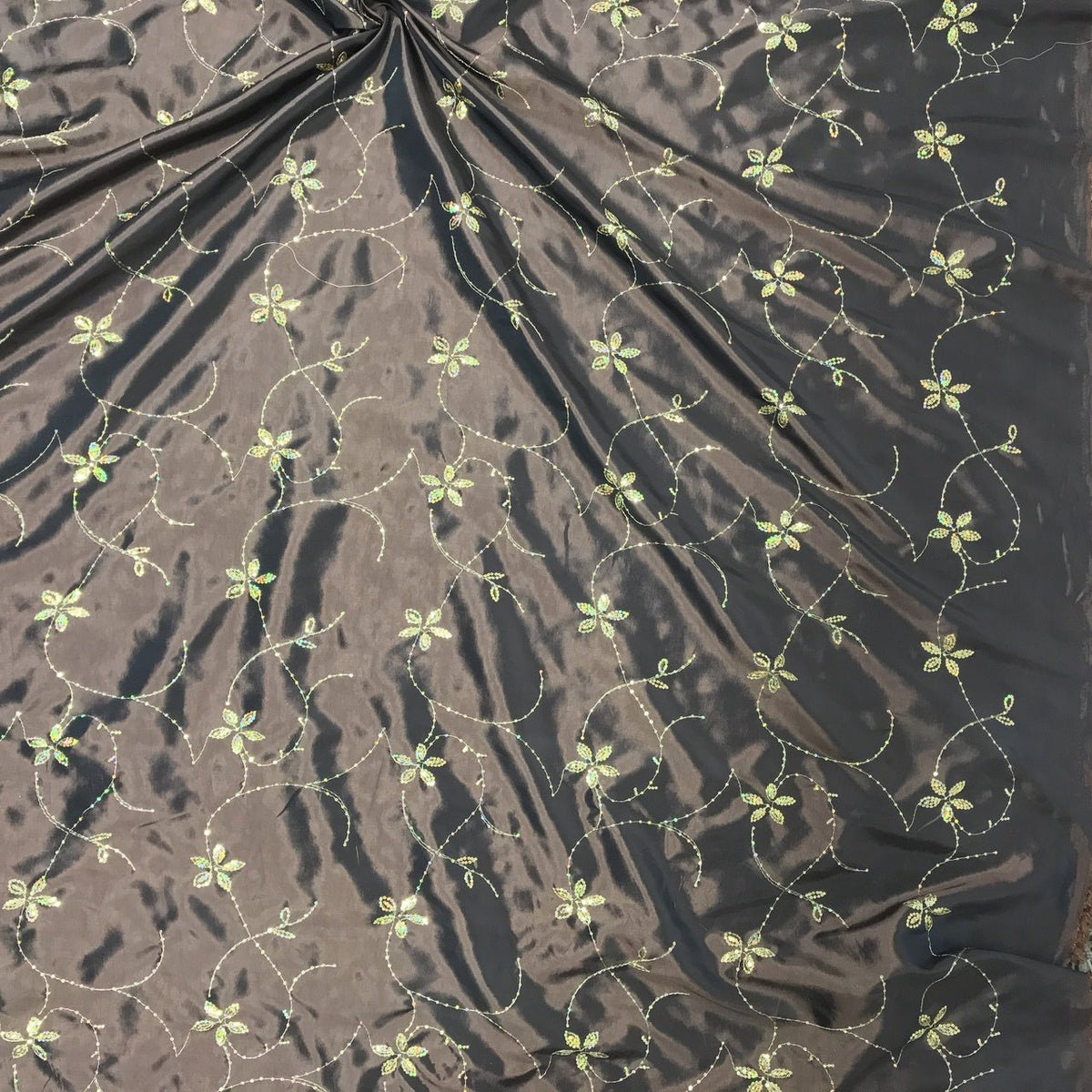 Gold Floral Sequin Taffeta Fabric, Brown - Bull Ring Fabrics
