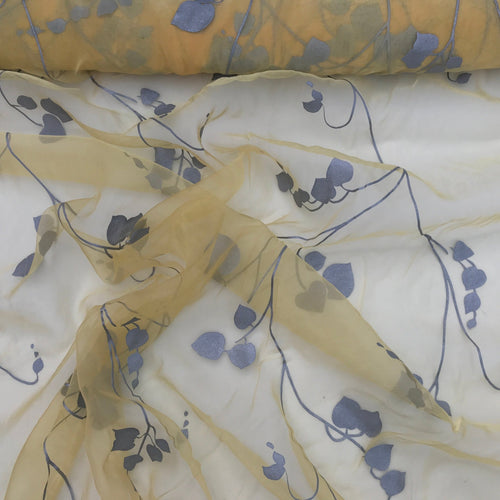 Grey Eucalyptus Leaves Organza Fabric Floral Vine Print Dress Craft, Yellow - Bull Ring Fabrics