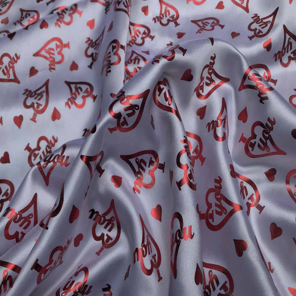 I Love You Red Foil Print Satin Fabric 60", White - Bull Ring Fabrics