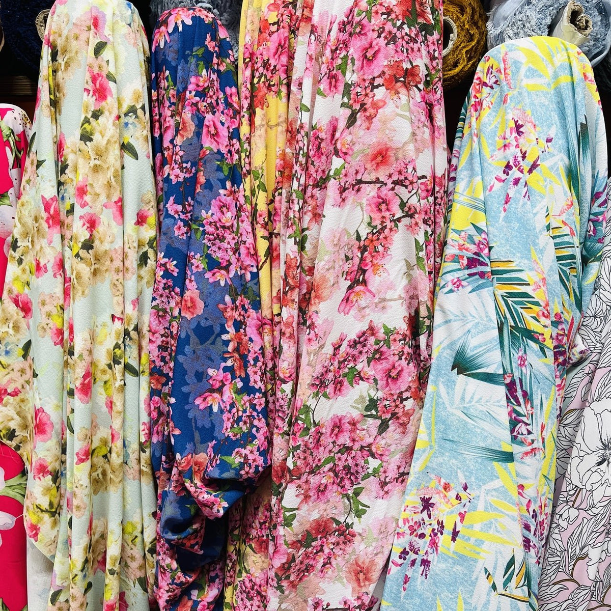 Peach Blossom Floral Flowers Bubble Crepe Dress Fabric, White - Bull Ring Fabrics