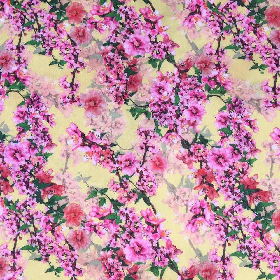 Peach Blossom Floral Flowers Bubble Crepe Dress Fabric, Yellow - Bull Ring Fabrics