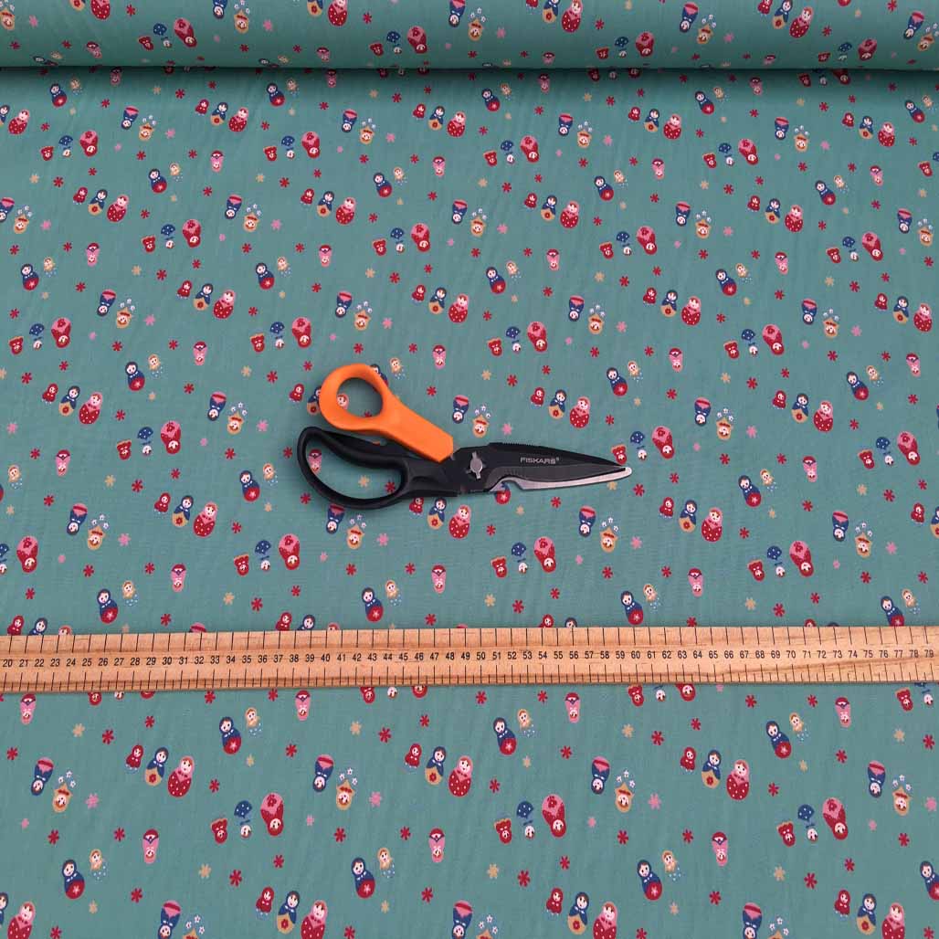 Russian Dolls Print Cotton Poplin Dress Fabric, Mint - Bull Ring Fabrics