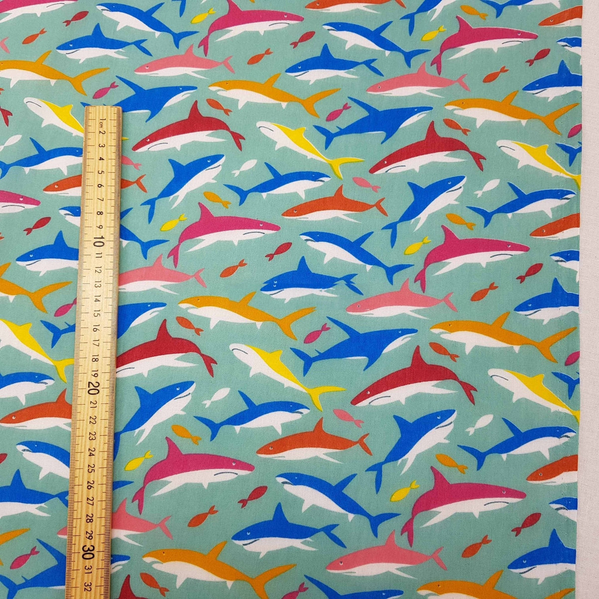 Sharks And Fish Polycotton Fabric, Ocean Green - Bull Ring Fabrics