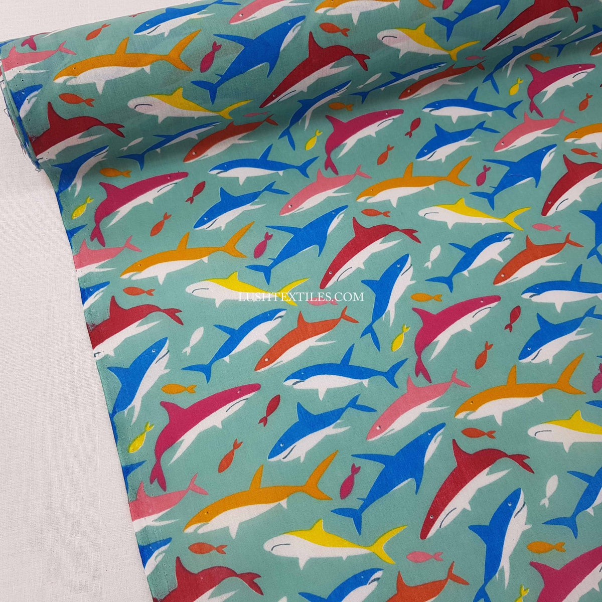 Sharks And Fish Polycotton Fabric, Ocean Green - Bull Ring Fabrics