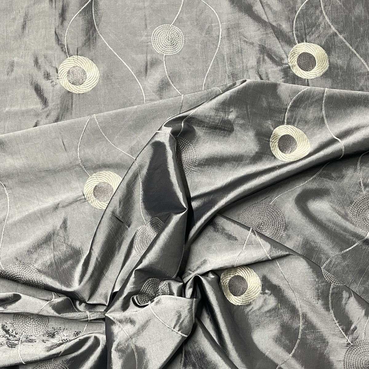 Silver Grey Embroidered Taffeta Fabric Circle Pattern 150cm - Bull Ring Fabrics