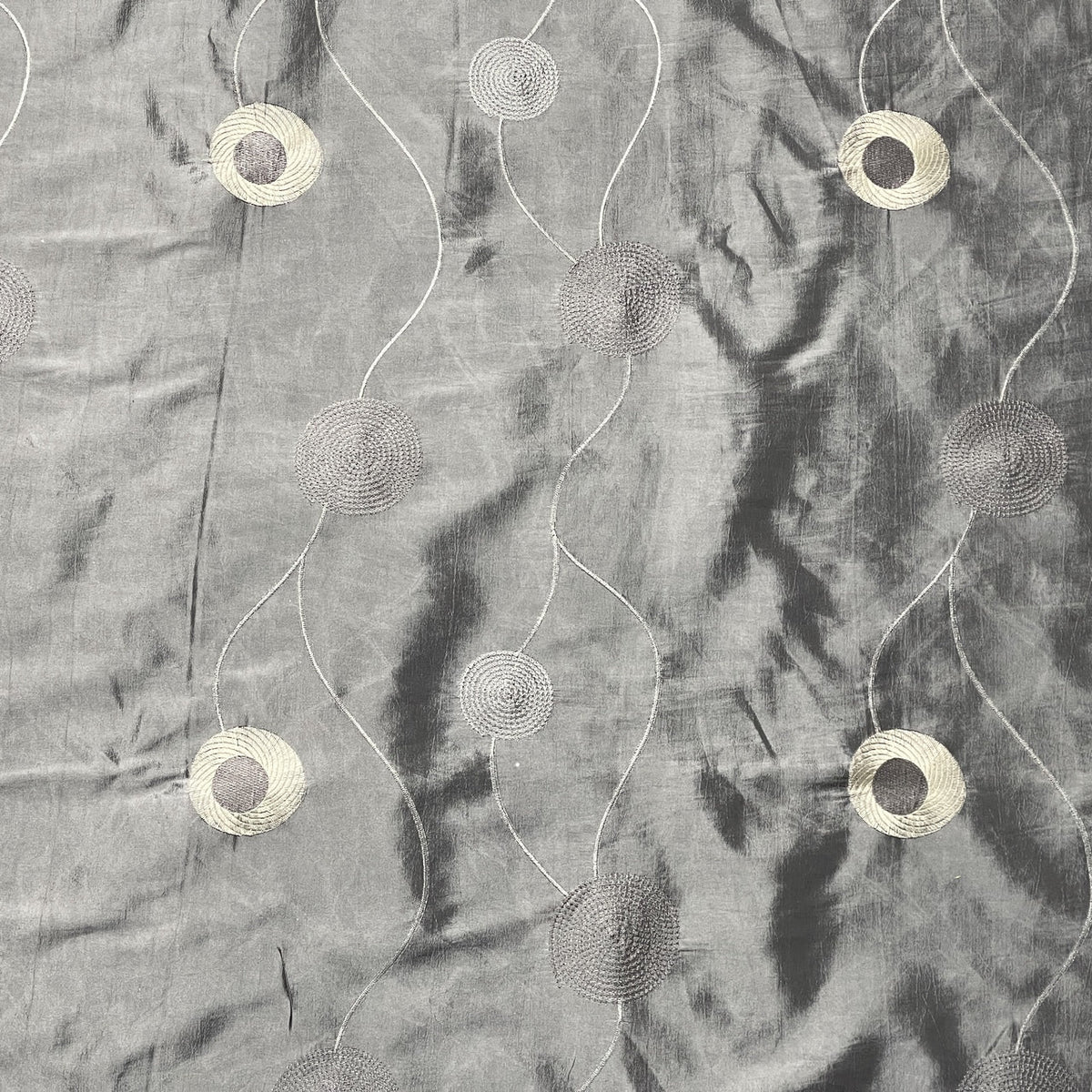 Silver Grey Embroidered Taffeta Fabric Circle Pattern 150cm - Bull Ring Fabrics