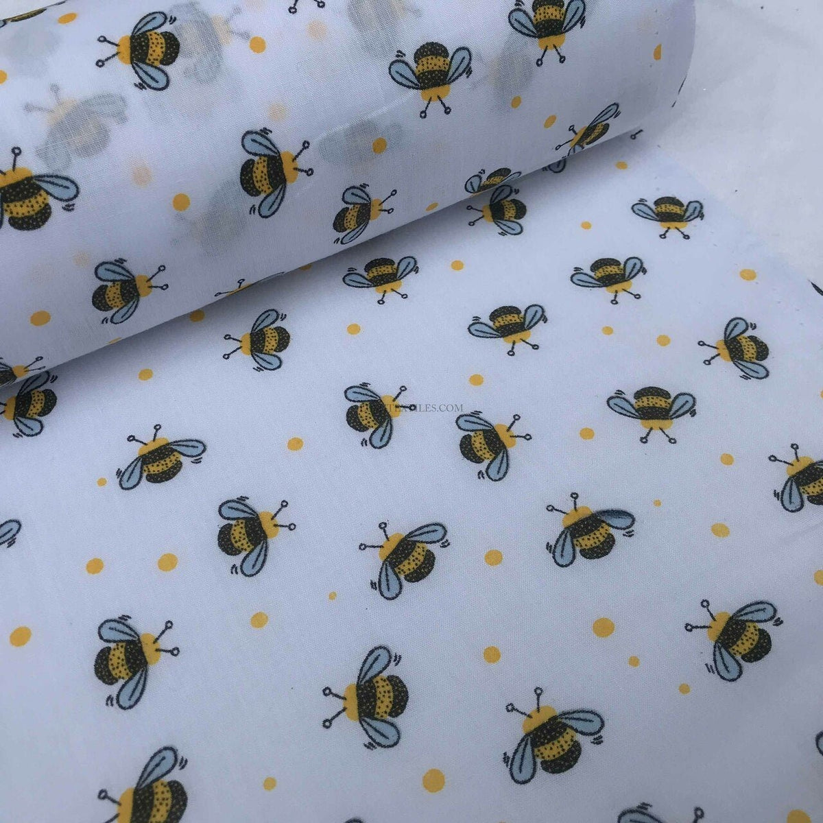 Small Bees Polycotton Print Fabric 45" Wide, White - Bull Ring Fabrics