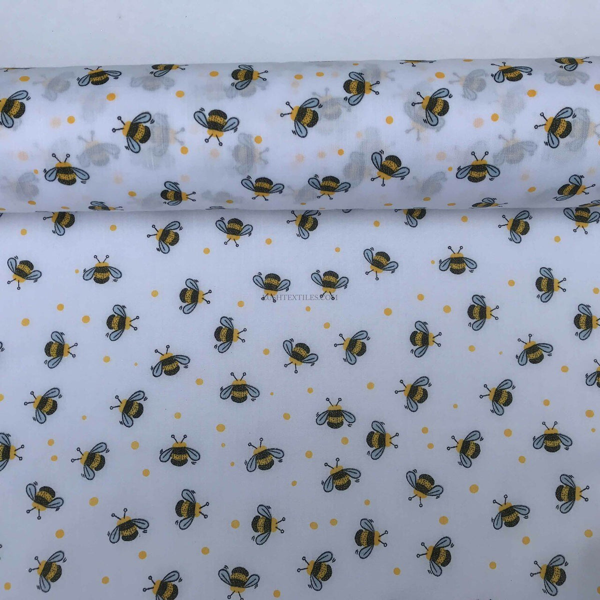 Small Bees Polycotton Print Fabric 45" Wide, White - Bull Ring Fabrics