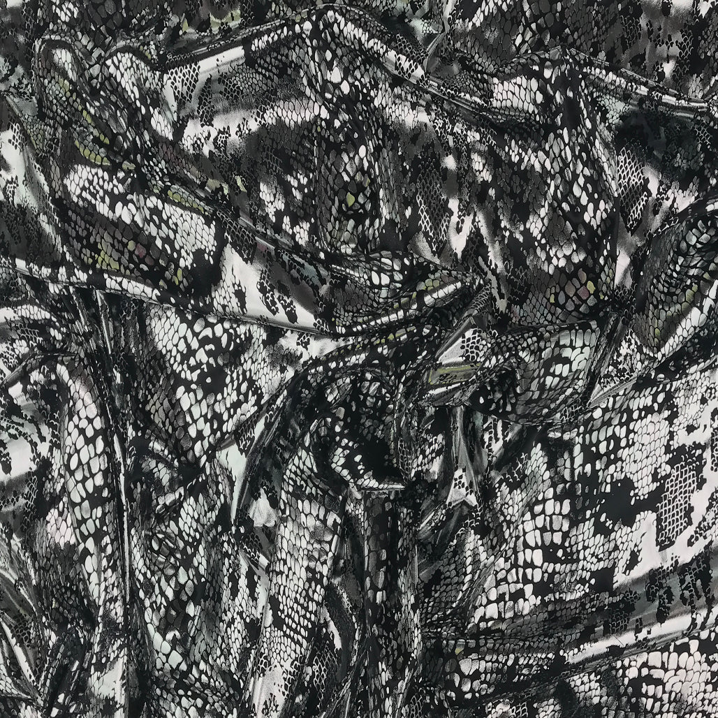 Snake Print Foil Stretch Dress Fabric, Silver/Black - Bull Ring Fabrics