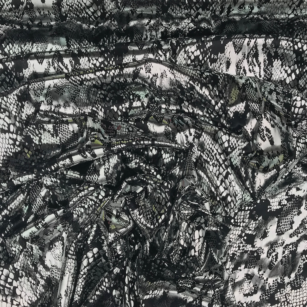 Snake Print Foil Stretch Dress Fabric, Silver/Black - Bull Ring Fabrics