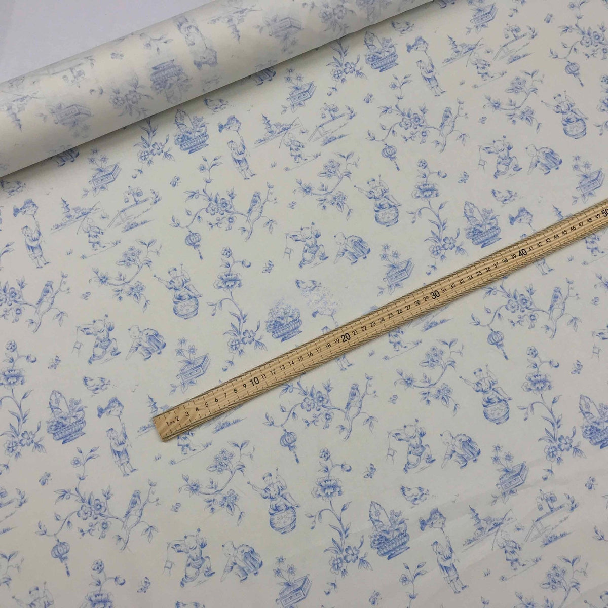 Toile De Jouy Vintage Cotton Fabric, Duck Egg - Bull Ring Fabrics