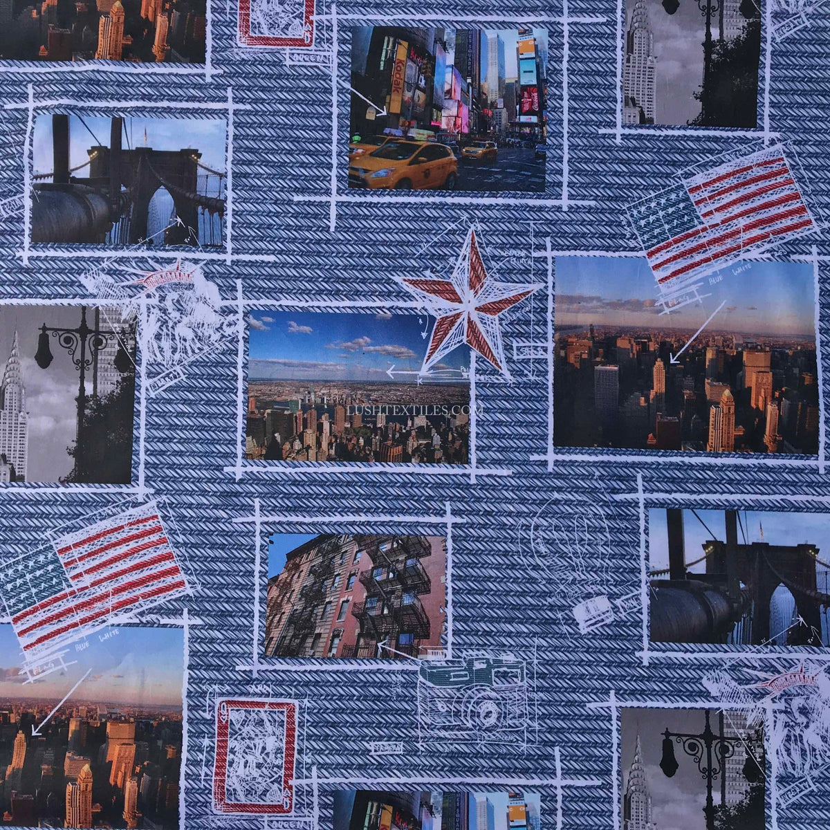 USA Attractions Collage Digital Print Cotton Fabric - Bull Ring Fabrics