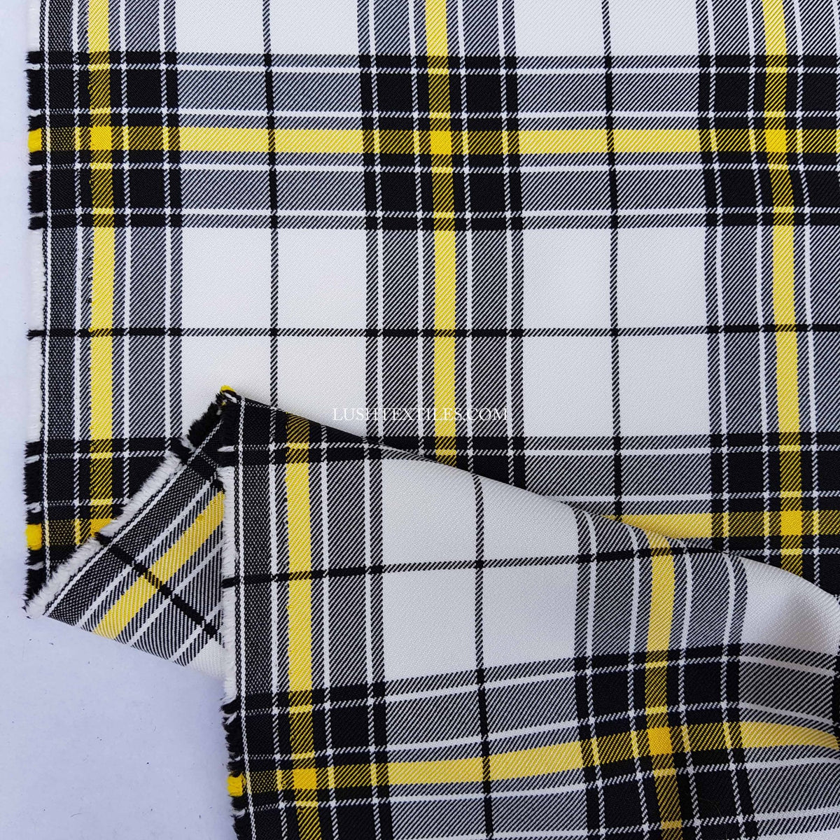 White/Yellow Check Tartan Poly Viscose Fabric - Bull Ring Fabrics