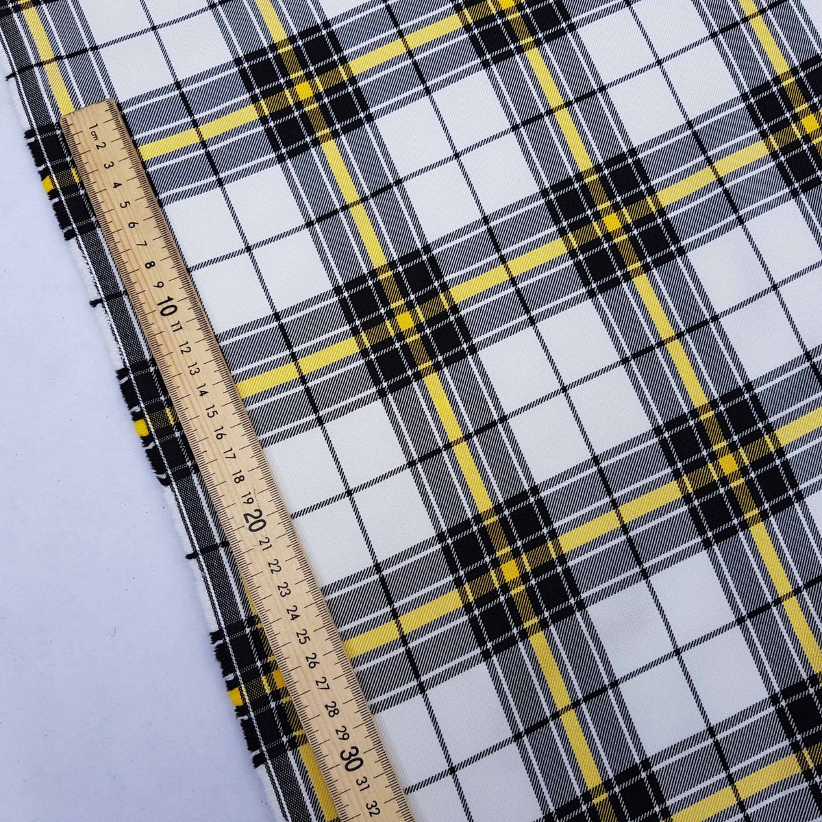 White/Yellow Check Tartan Poly Viscose Fabric - Bull Ring Fabrics