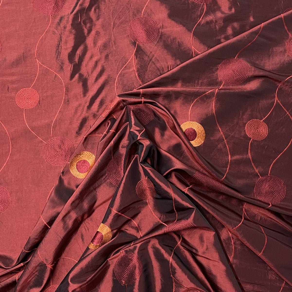 Wine Red Embroidered Taffeta Fabric Gold Circle Pattern 150cm - Bull Ring Fabrics