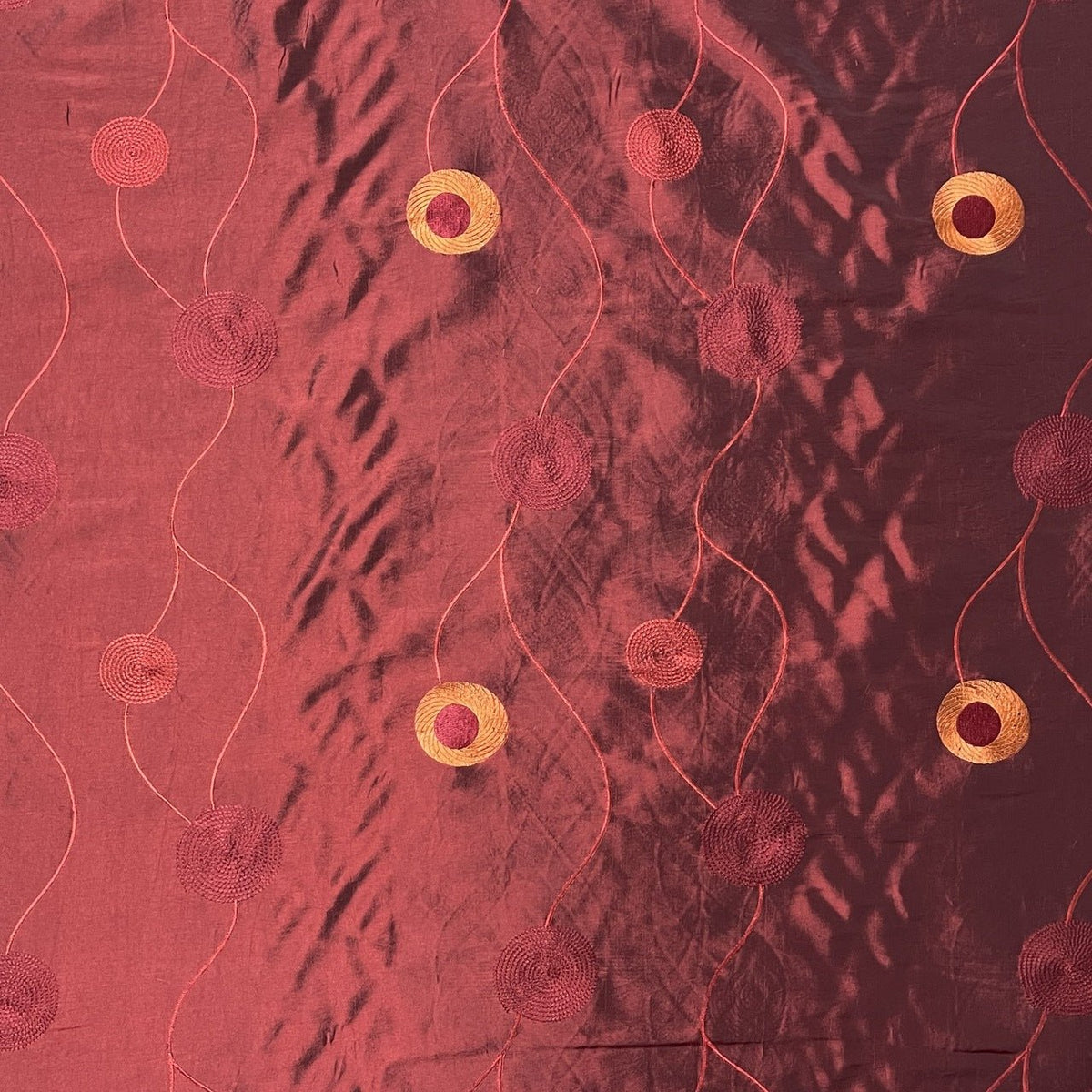 Wine Red Embroidered Taffeta Fabric Gold Circle Pattern 150cm - Bull Ring Fabrics