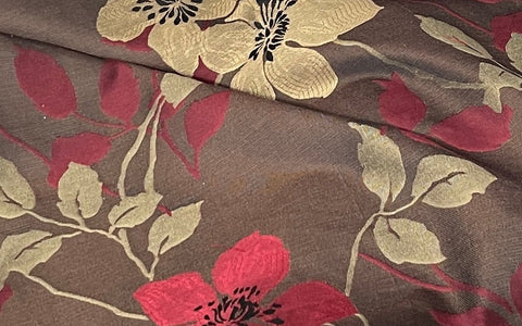 Floral curtain brocade fabric in brown with red and gold flowers – Bullring Fabrics