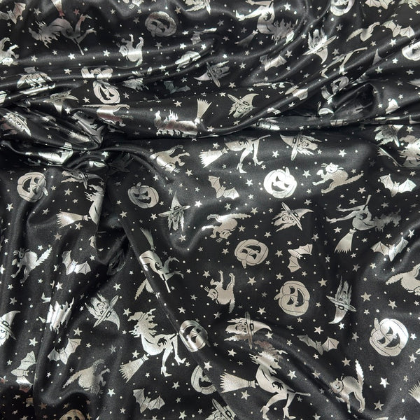 Black Bats Foil Print Satin Fabric with Silver Witches and Pumpkins for Halloween Costumes - image 1