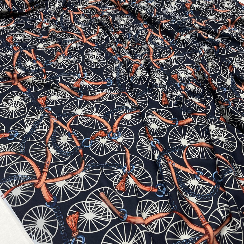 Chain & Belt Print 100% Viscose Dress Fabric, Navy