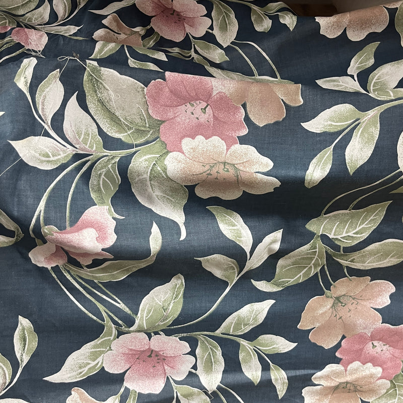Peach Floral Flowers Print Vintage Cotton Fabric, Navy