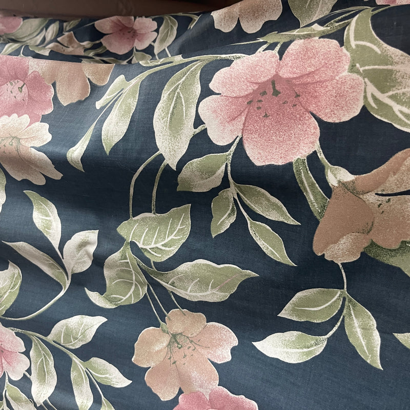 Peach Floral Flowers Print Vintage Cotton Fabric, Navy