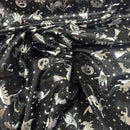 Bats Foil Print Satin Fabric with Silver Witches & Pumpkins for Halloween Costumes 60", Black