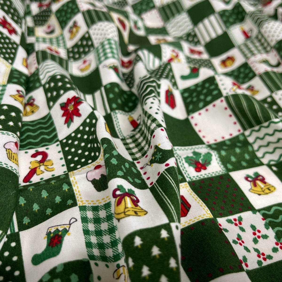100% Cotton Christmas Patchwork Squares Fabric 45" Wide, Green - Bull Ring Fabrics