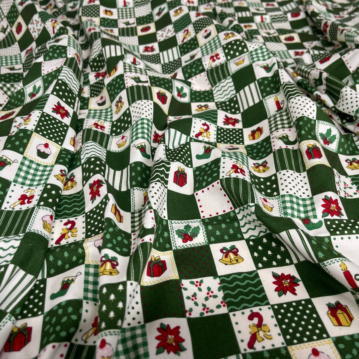 100% Cotton Christmas Patchwork Squares Fabric 45" Wide, Green - Bull Ring Fabrics