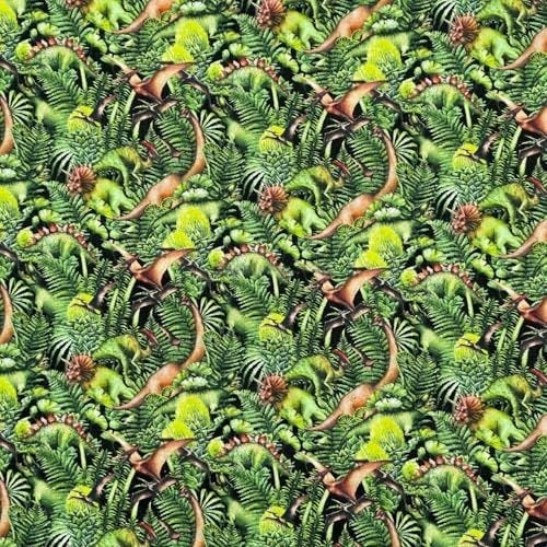 100% Cotton Craft Dinosaur Jungle Fabric – Green Prehistoric Dino Print Dressmaking & Quilting Material - Bull Ring Fabrics