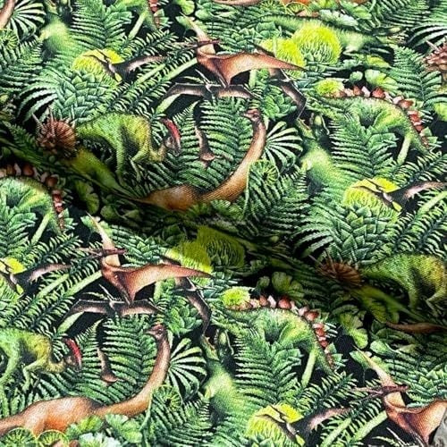 100% Cotton Craft Dinosaur Jungle Fabric – Green Prehistoric Dino Print Dressmaking & Quilting Material - Bull Ring Fabrics