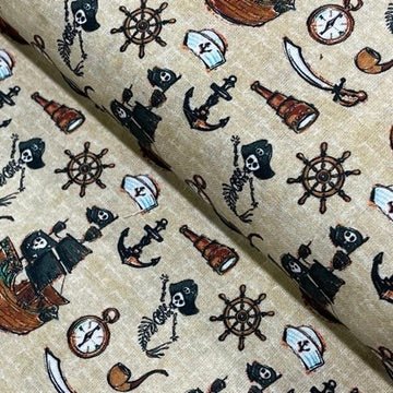 100% Cotton Craft Pirate Adventure Fabric – Pirate Ship, Skeleton & Nautical Print Dressmaking Material - Bull Ring Fabrics