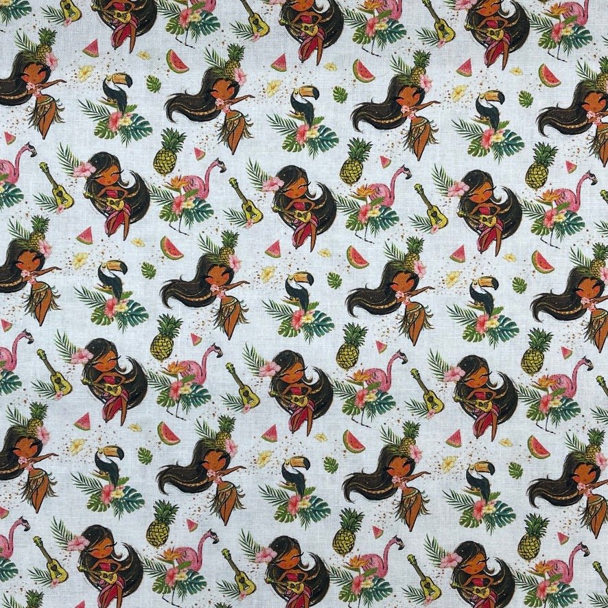 100% Cotton Craft Tropical Island Girl Fabric – Hawaiian Hula, Flamingo & Pineapple Print - Bull Ring Fabrics