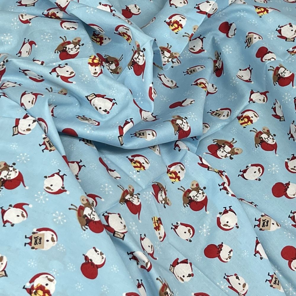 100% Cotton Craft Xmas Poplin Christmas Santa & Rudolf Snowflakes Fabric 60", Blue - Bull Ring Fabrics