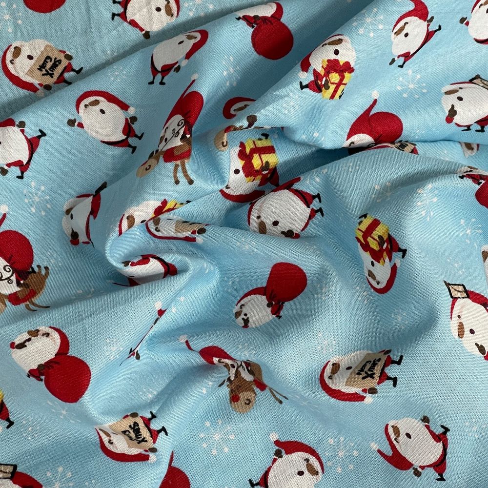 100% Cotton Craft Xmas Poplin Christmas Santa & Rudolf Snowflakes Fabric 60", Blue - Bull Ring Fabrics