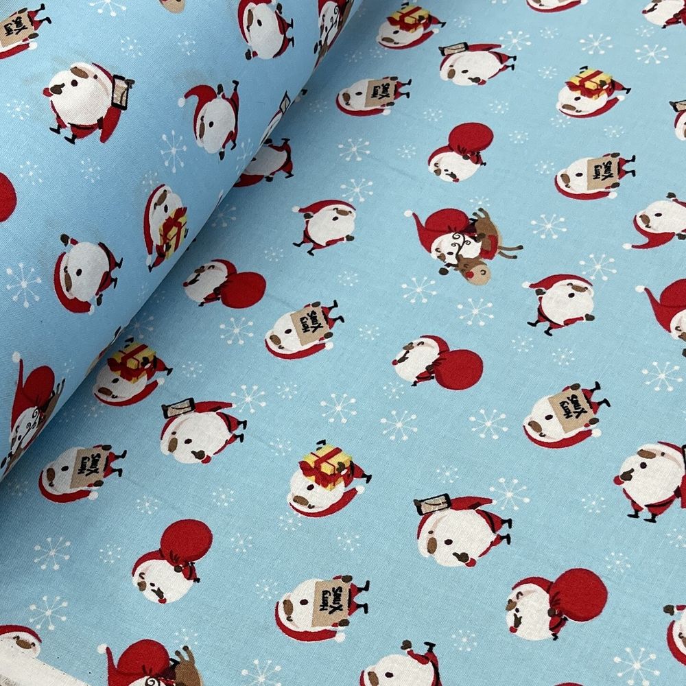 100% Cotton Craft Xmas Poplin Christmas Santa & Rudolf Snowflakes Fabric 60", Blue - Bull Ring Fabrics