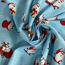 100% Cotton Craft Xmas Poplin Christmas Santa & Rudolf Snowflakes Fabric 60", Blue - Bull Ring Fabrics